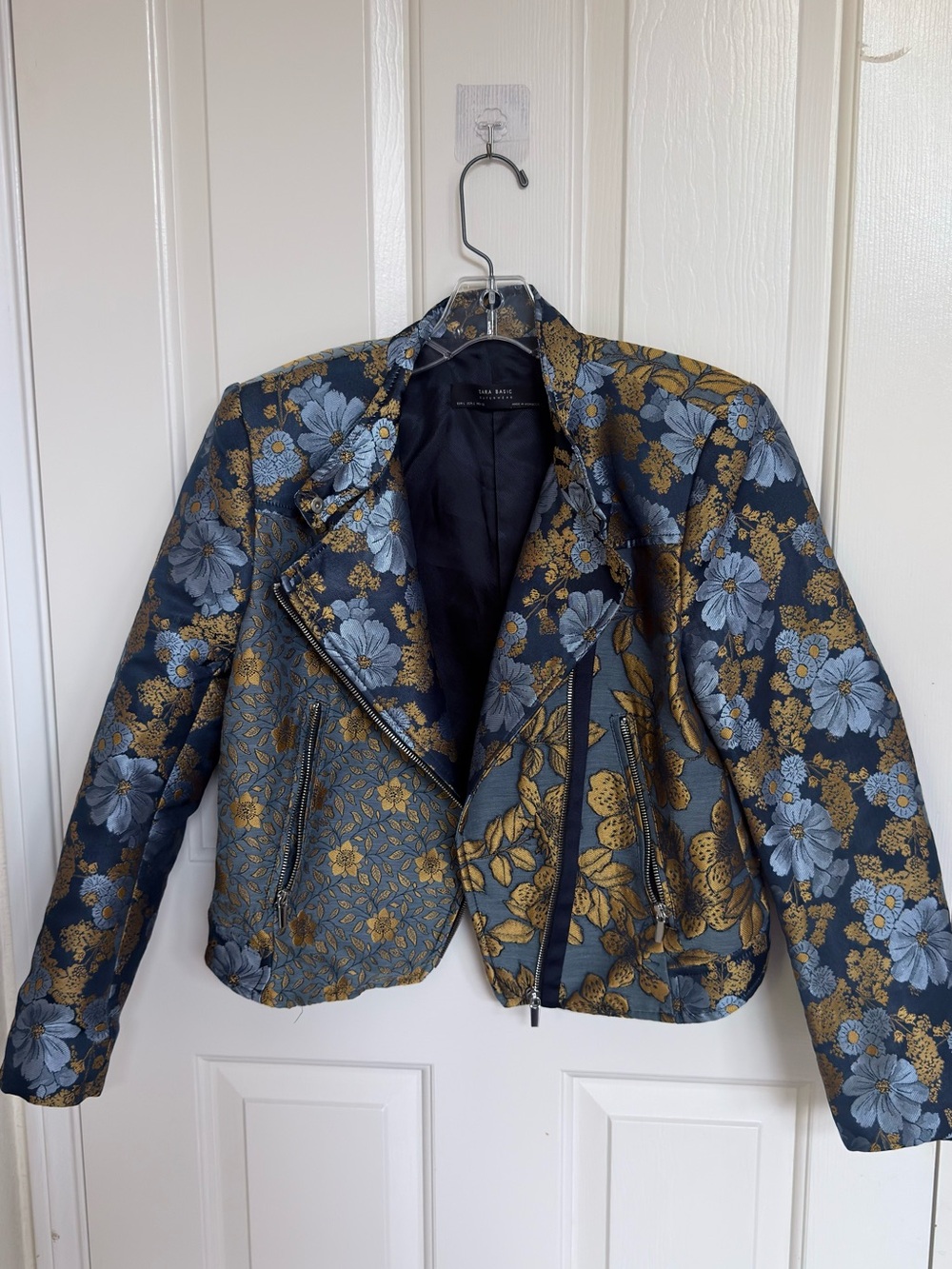 Zara Blue & Gold Floral Moto Jacket